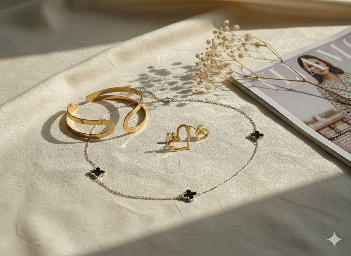 Colar de ouro 18k e bracelete de prata 925 sobre seda champagne